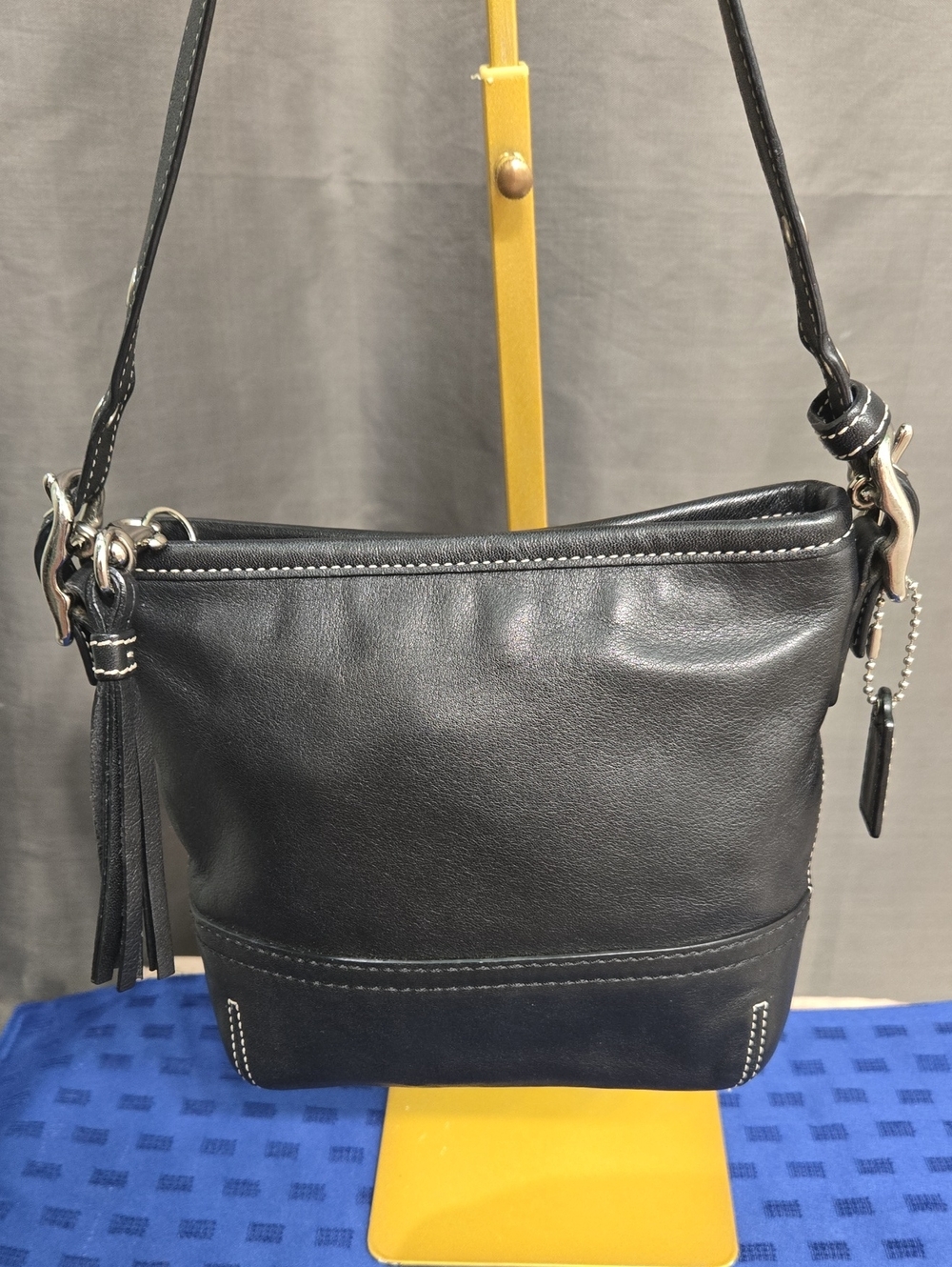 Coach Black Leather Shoulder Bag with Tassel Accent